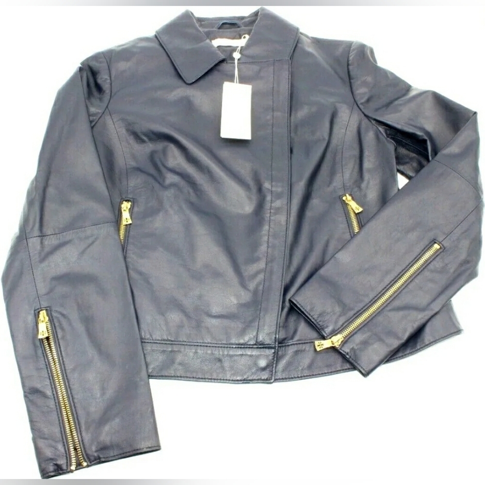 NEW TORY BURCH WOMEN'S "HARPER MOTOR JACKET"- NAVY BLUE SHEEP LEATHER- Size 6